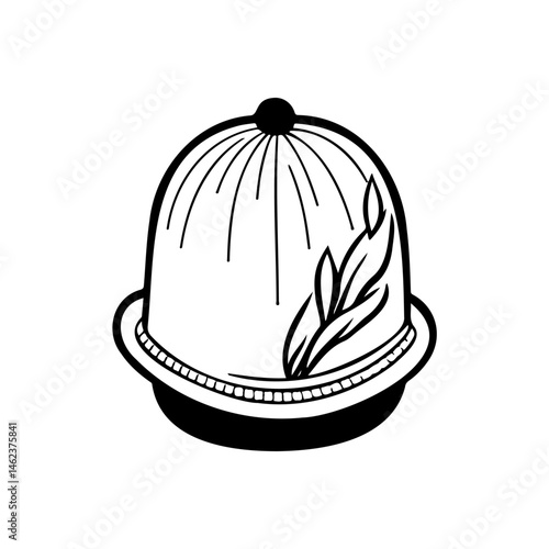 Stylized colonial pith helmet illustration with leaf ornament, minimalist drawing