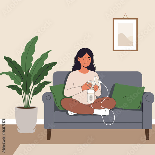 Woman Using Electric Breast Pump Sitting Comfortably on Sofa at Home