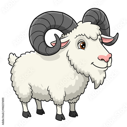 Smiling White Ram with Large Grey Curled Horns - Cartoon