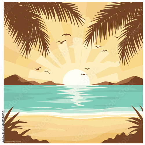 Sunset Beach Paradise: A serene illustration capturing a breathtaking sunset over a tranquil beach. with palm fronds framing the radiant sun, inviting the viewer to relax and enjoy.