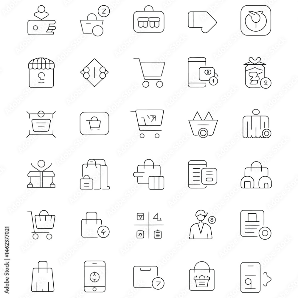 Minimalist black and white e-commerce icon set for digital marketplace and online shopping interfaces Minimalist black and white e-commerce icon set for digital marketplace and online shopping interfaces