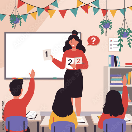 Teacher with Flashcards and Students Raising Hands in Classroom