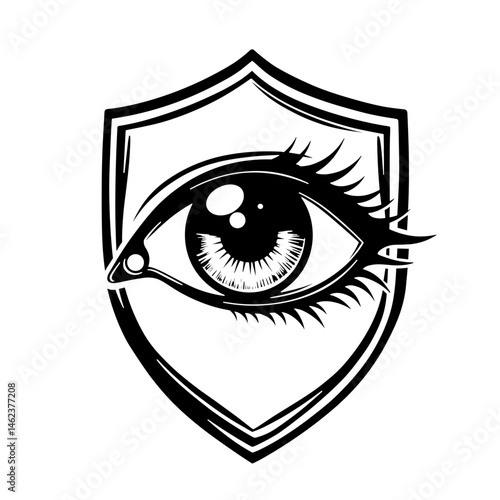 Spyware Eye with Protective Shield, Black and White Line Art Security Concept