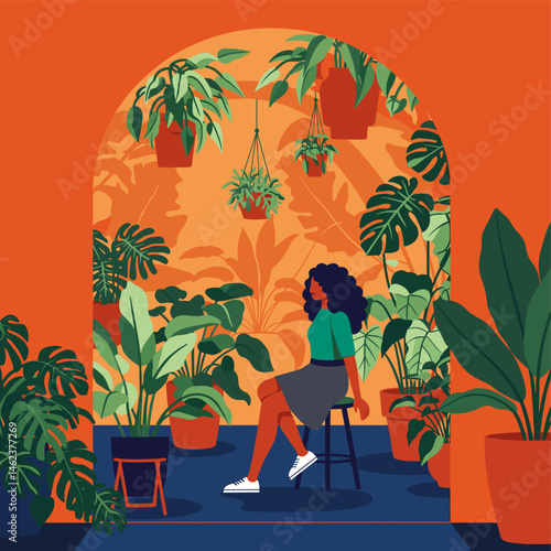 Woman Sitting in Room with Many Green Potted Plants