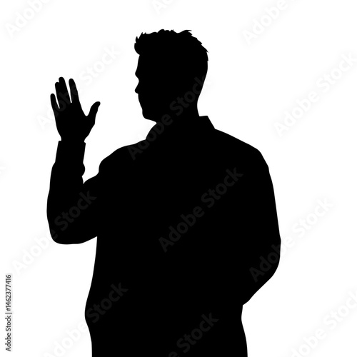 Silhouette of Man Raising Hand Gesture, Black and White, Communication Symbol