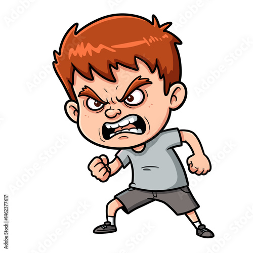 Angry Boy with Red Hair Clenching Fists Cartoon