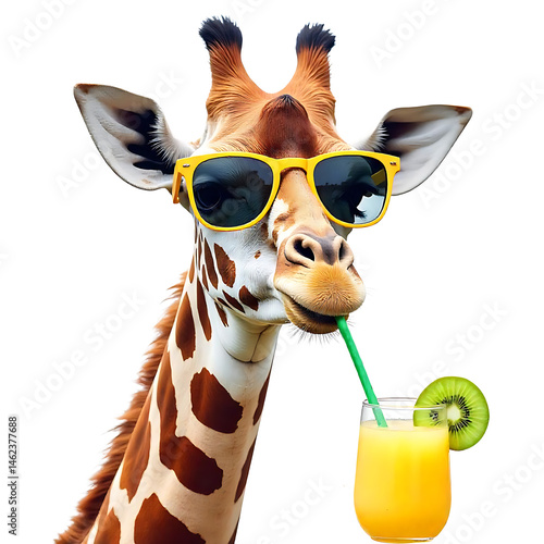 A fashionable giraffe enjoying summer drinks isolated transparent background