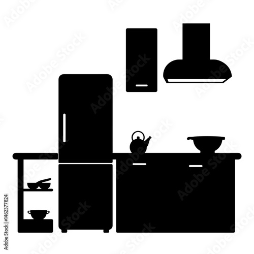 Silhouette of Modern Kitchen Set, Black and White Illustration, Interior Design Concept