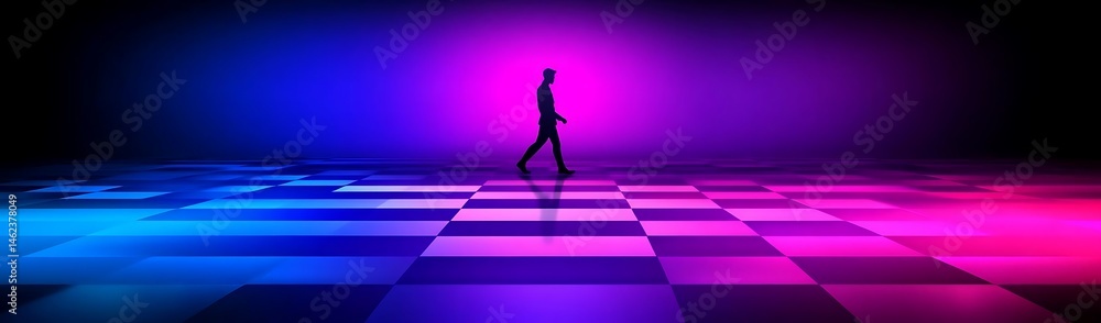 Man walks neon checkered floor Man walks neon checkered floor