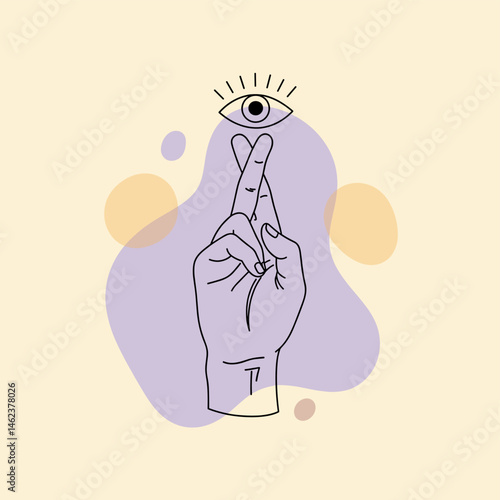 Hand with Crossed Fingers and Eye Symbol of Luck or Wish
