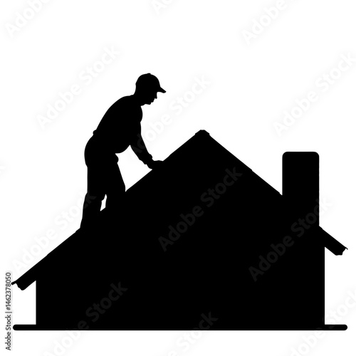 Silhouette of Worker Replacing Roof Shingles, Black and White, Construction Safety Concept