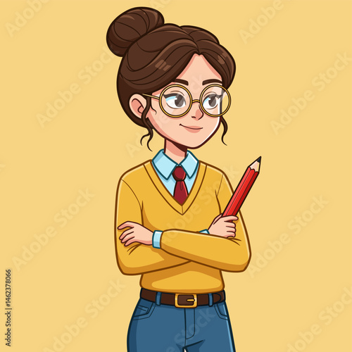 Cartoon Woman with Glasses and Pencil, Arms Crossed