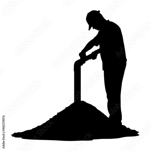 Silhouette of Worker Pouring Concrete, Black and White Construction Concept