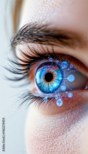 A close-up view showcases a human eye integrated with futuristic technology, featu a circuit board pattern within the iris, symbolizing the future of vision.