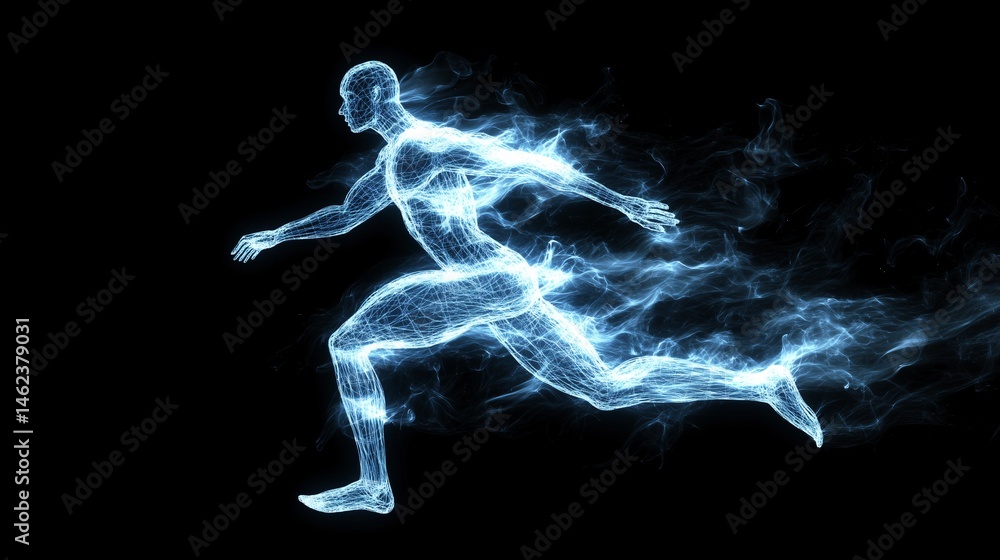 Energy in Motion: A dynamic depiction of a human figure composed of swirling energy, captured mid-stride, highlighting speed, power, and the essence of movement. Energy in Motion: A dynamic depiction of a human figure composed of swirling energy, captured mid-stride, highlighting speed, power, and the essence of movement.