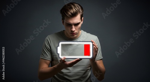 Low power concept man holding glowing battery icon energy depletion and fatigue feeling drained lifestyle