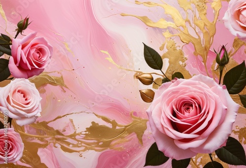Pink roses on a pink and gold background