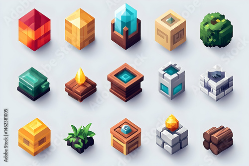 Collection of pixelated isometric  assets.