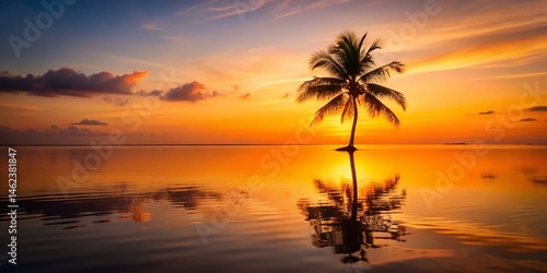 Silhouette Palm Tree Sunset Reflection - Dramatic Coastal Scene Stock Photo