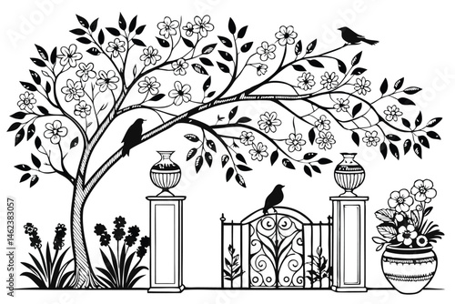13 Black and white illustration, intricate floral arrangement, ceramic vases and jugs, detailed birds perched on branches, botanical drawing style, ornate composition, garden scene, monochromatic artw