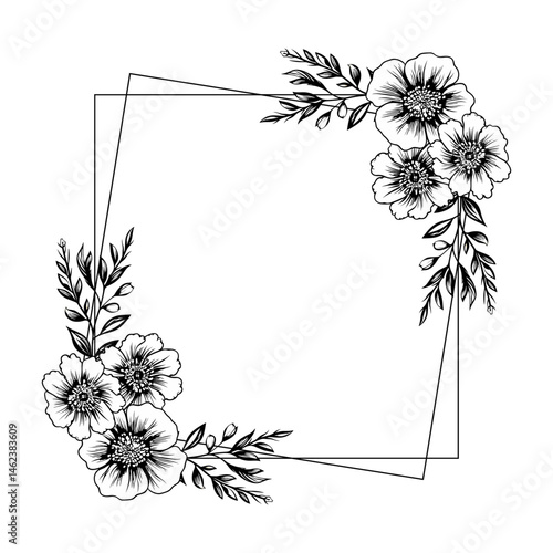 Floral frames with silhouettes of branches, leaves and flowers