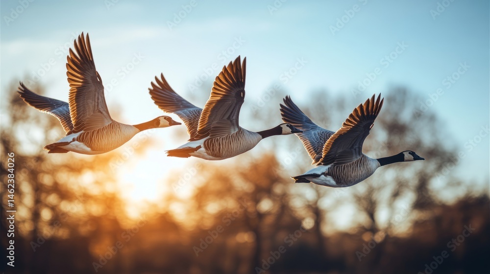 Obraz premium Three geese fly at sunset, bathed in a golden glow, with tree silhouettes in the background