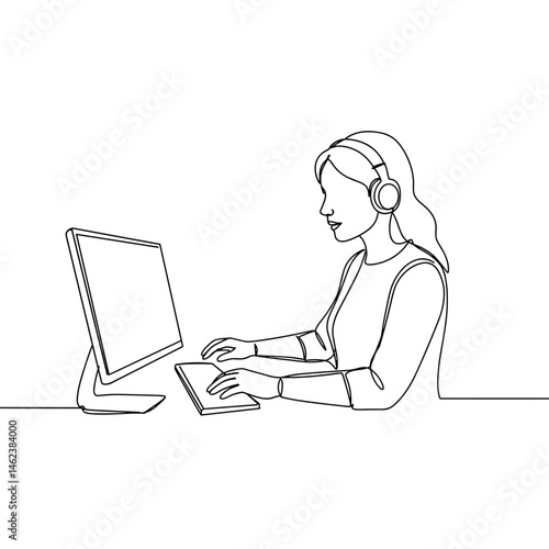 Woman participating in video interview while using computer and headset  