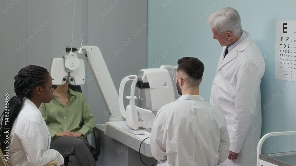 Young female patient testing eyesight on digital phoropter while team of professional ophthalmologists consulting on eyeglass prescription in modern optometry clinic Young female patient testing eyesight on digital phoropter while team of professional ophthalmologists consulting on eyeglass prescription in modern optometry clinic