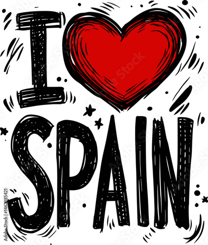 Vector illustration of “I love Spain” with large red heart and expressive hand-drawn text with sketch elements