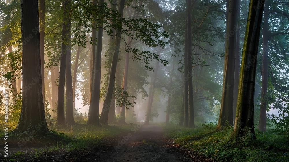 Obraz premium Ethereal Forest Path: Sunlight Piercing Through Morning Mist Amo