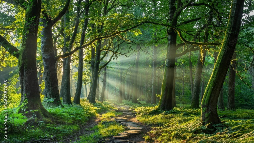 Fototapeta premium Sunlit forest pathway invites tranquility and wonder in a lush green landscape