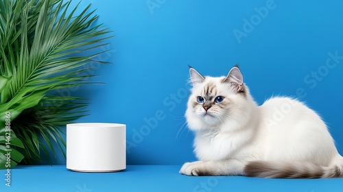 A fluffy white cat sits next to a white cylinder on a blue background near green tropical leaves.
