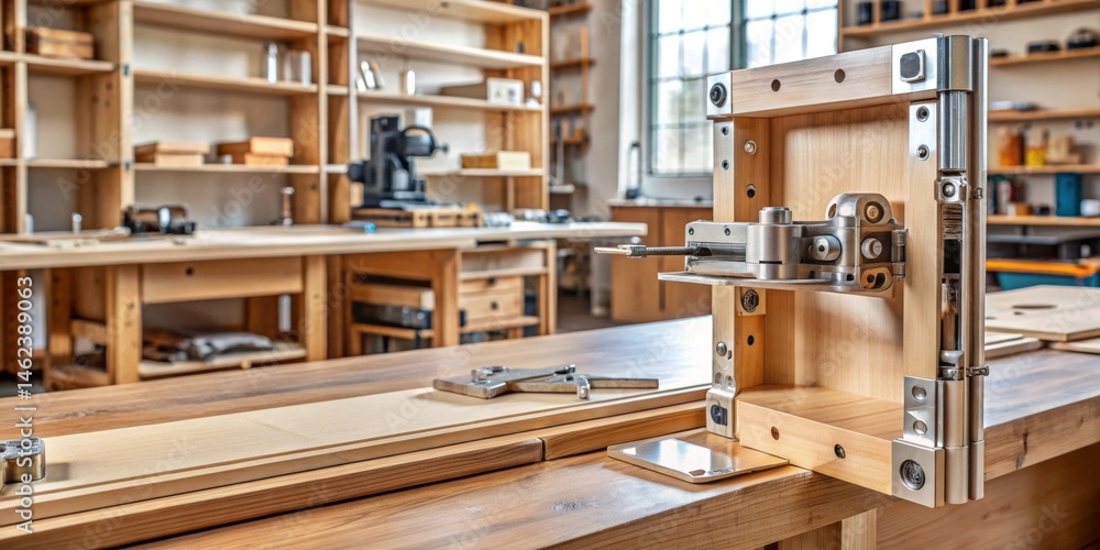 Precision-engineered wooden cabinet hardware showcasing intricate metal components, displayed on a craftsman's workbench within a woodshop setting. Precision-engineered wooden cabinet hardware showcasing intricate metal components, displayed on a craftsman's workbench within a woodshop setting.