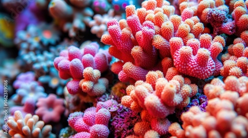 Fototapeta Naklejka Na Ścianę i Meble -  Vibrant coral reef close-up.  Clusters of colorful corals in various shades of pink, orange, and purple.  Intricate textures and details are visible