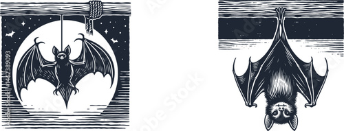 Set of Engraving Designs Featuring a Bat Hanging from a Wooden Beam – Detailed Vector Illustrations for  Engraving,  Wood Carving, and Digital Craft Projects.