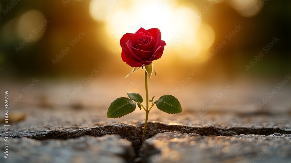 A single red rose grows from a crack in the concrete, bathed in warm sunlight from behind.