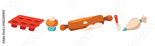 Illustration of baking tools, cupcake mold, rolling pin and pastry bag isolated