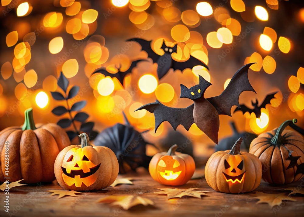 Fototapeta premium Spooky Halloween Paper Crafts with Bokeh Background - Festive Autumn Decorations