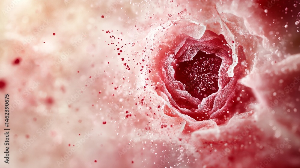 Abstract organic structure shows a deep red vortex surrounded by scattered particles and soft, swirling pink hues.