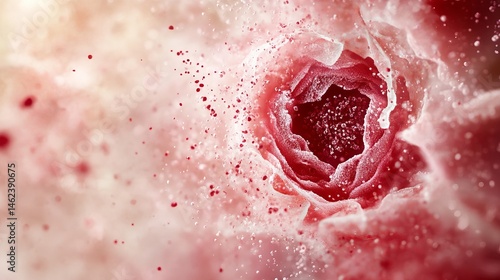 Obraz na płótnie Abstract organic structure shows a deep red vortex surrounded by scattered particles and soft, swirling pink hues. w salonie