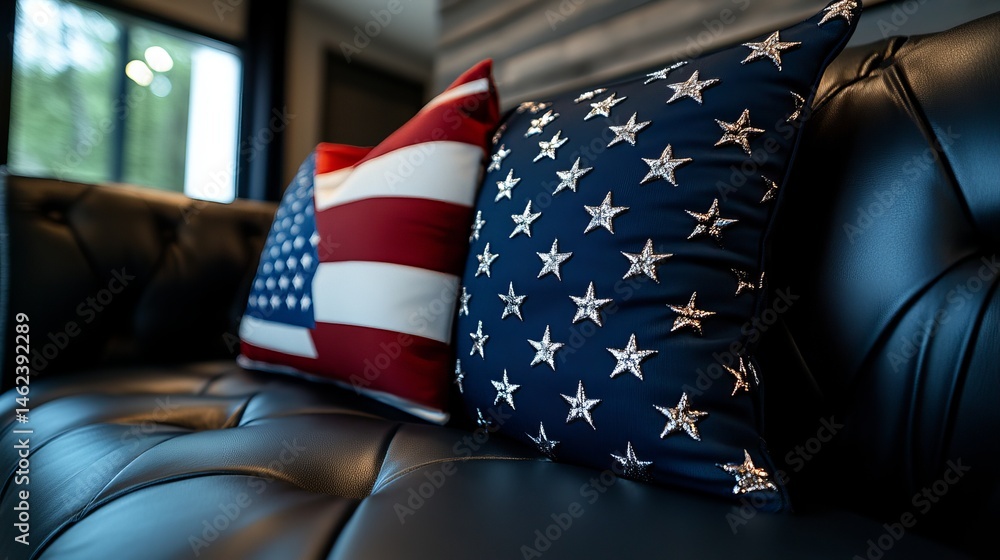 American themed pillows rest on a dark leather couch, featuring stars and stripes design in an indoor setting.