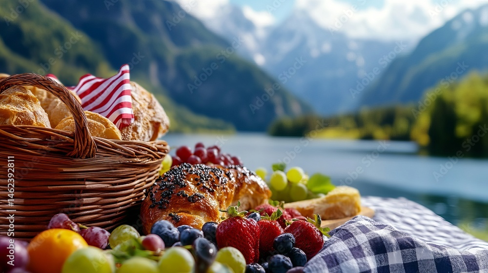 Basket filled with bread sits on checkered cloth surrounded by fruit with lake and mountains in background.