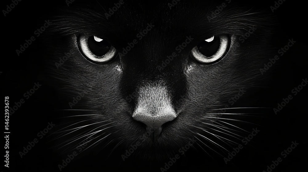 Black cat stares intently at the viewer in a darkly lit, close up portrait focusing on its striking eyes and facial features.