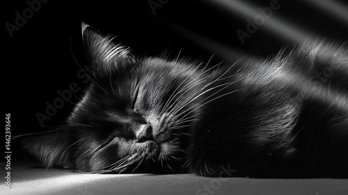 Black cat is sleeping peacefully on the floor in a dimly lit room with streaks of light.