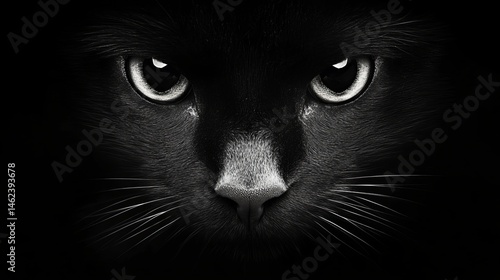 Obraz na płótnie Black cat stares intently at the viewer in a darkly lit, close up portrait focusing on its striking eyes and facial features. w salonie