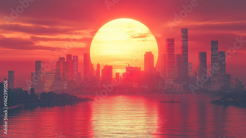 Retro cityscape at sunset with a large sun casting vibrant colors across the skyline