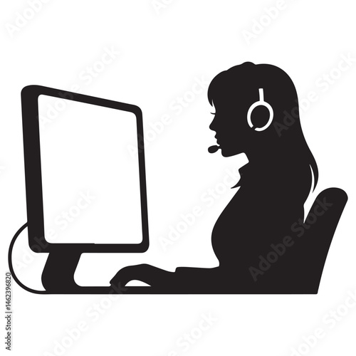 Call Center girl vector, call center woman Vector, Black silhouettes. with white background