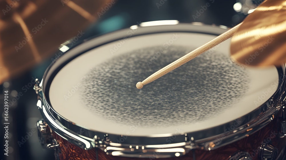 Obraz premium Close-up view of a drumhead being struck by a drumstick.