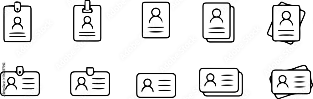 ID Badge Icon Set – Vertical and Horizontal ID Cards with Clips, Stacks, and Variants, vectors ID Badge Icon Set – Vertical and Horizontal ID Cards with Clips, Stacks, and Variants, vectors