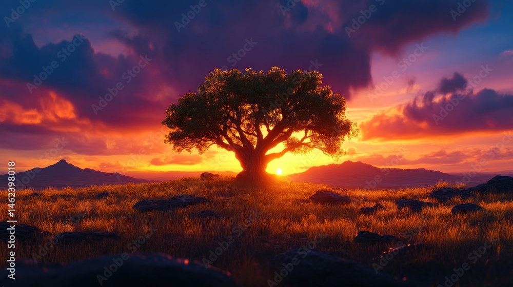 Naklejka premium Solitary tree at vibrant sunset over a grassy plain